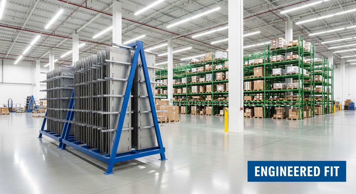 custom blue A-frame shipping rack in a warehouse showing engineered fit packaging solution