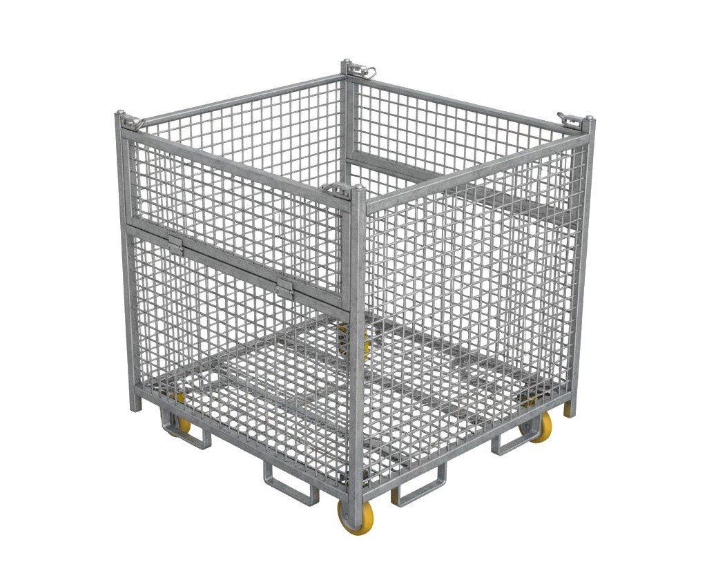 A galvanized metal wire mesh storage bin with a hinged side opening, standing on small yellow wheels.