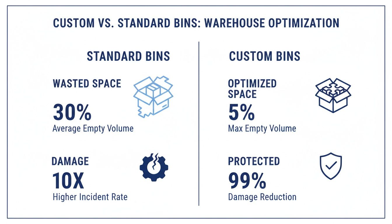 Comparison of custom vs. standard warehouse bins, highlighting space optimization and damage reduction benefits.
