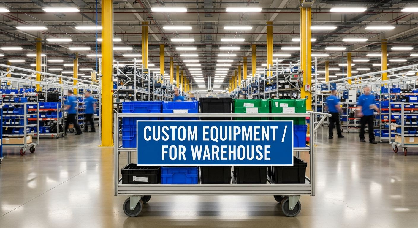 custom equipment for warehouse displayed on a sign in a busy manufacturing facility