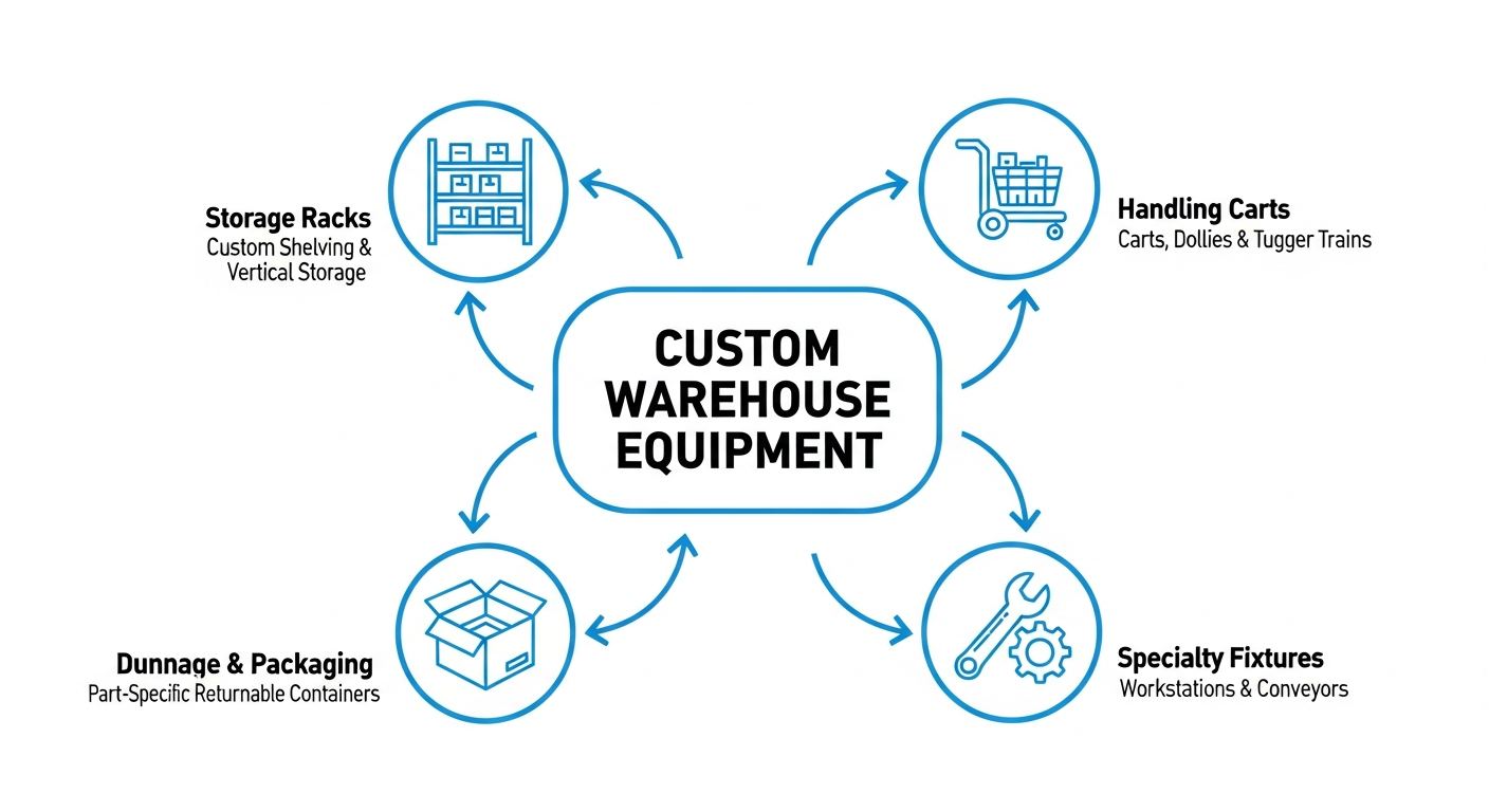 custom equipment for warehouse overview infographic showing four main equipment categories