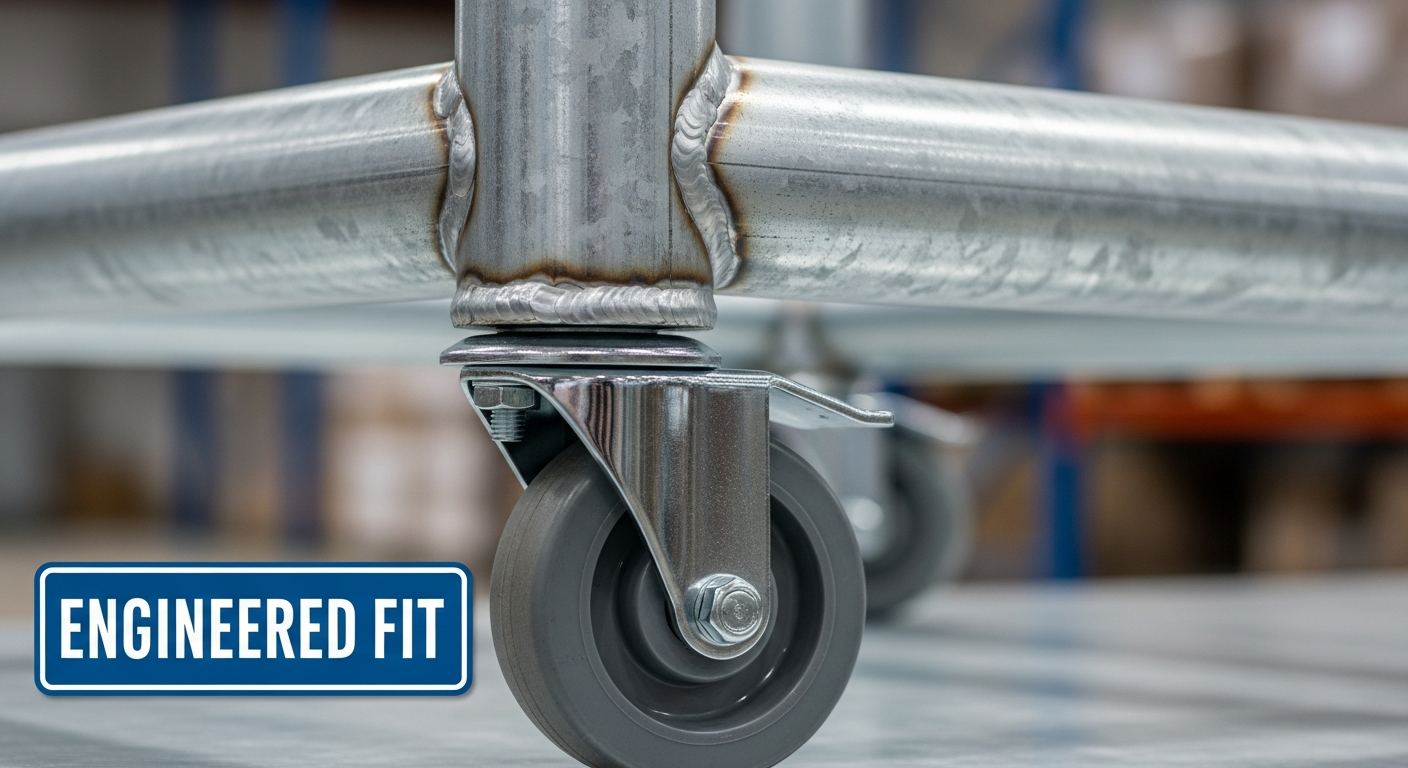 custom equipment for warehouse — close-up of engineered steel frame joint with swivel caster showing precision fabrication