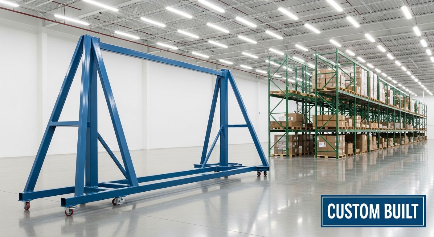 custom equipment for warehouse — blue powder-coated A-frame rack on casters in a large distribution warehouse