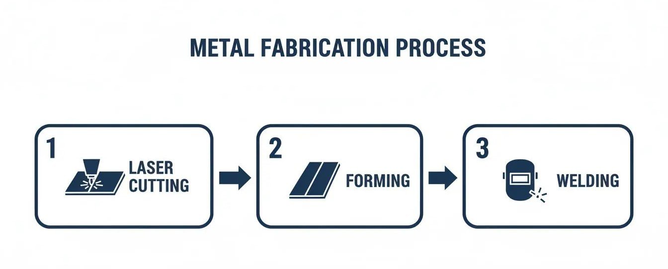 A three-step diagram illustrates the metal fabrication process: laser cutting, forming, and welding.