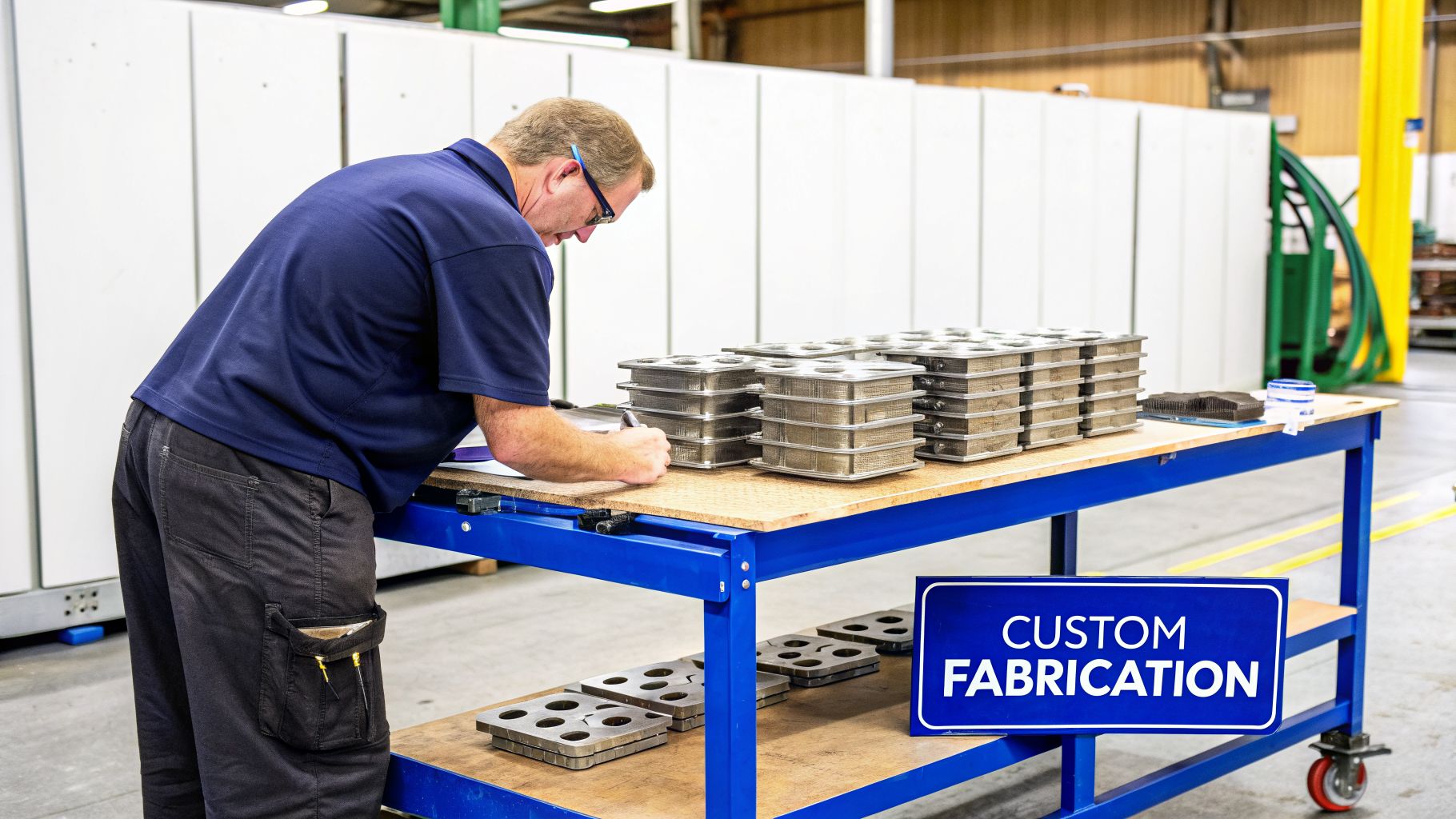 A worker checks metal parts on a workbench in a factory, with a 'Custom Fabrication' sign.