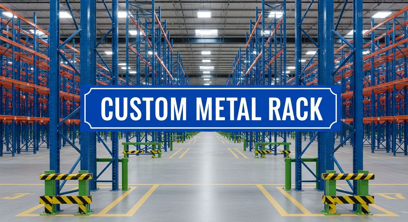 custom metal rack in an industrial warehouse storage setting