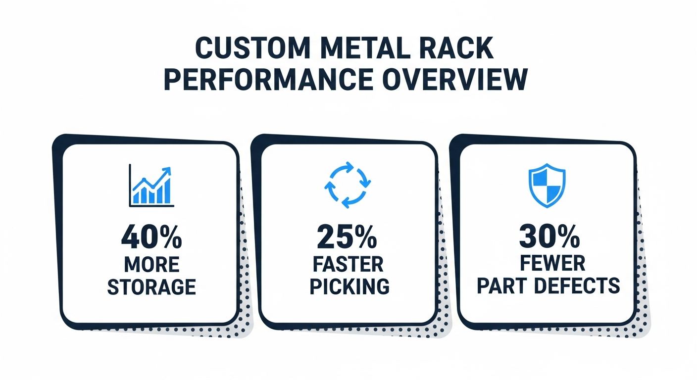 custom metal rack configurations overview infographic showing storage density, picking speed, and part quality data
