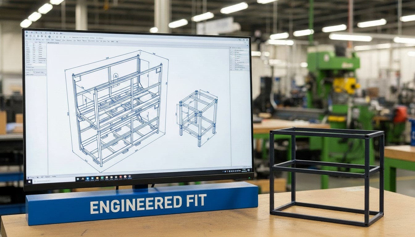 custom metal rack engineering design process with CAD blueprints and steel prototype model