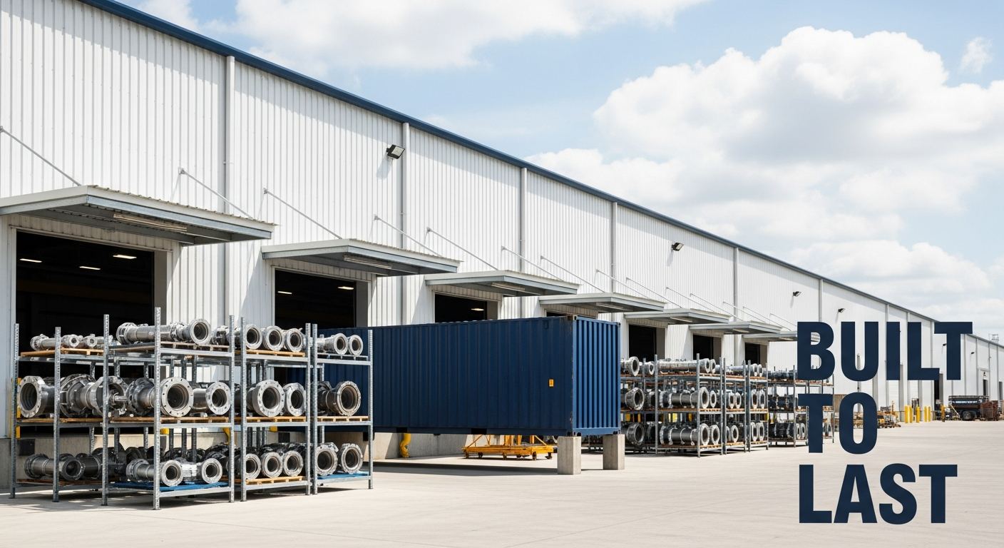 custom metal racks loaded at industrial loading dock with built to last label