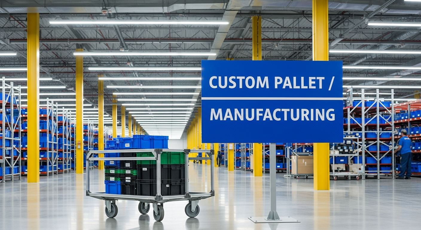 custom pallet manufacturing sign in an industrial warehouse setting