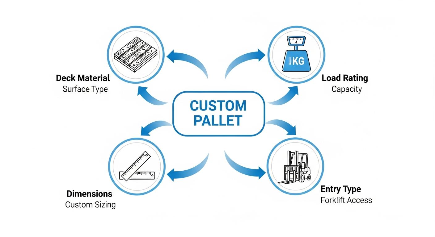 custom pallet manufacturing overview infographic showing deck material, load rating, custom sizing, and forklift entry type