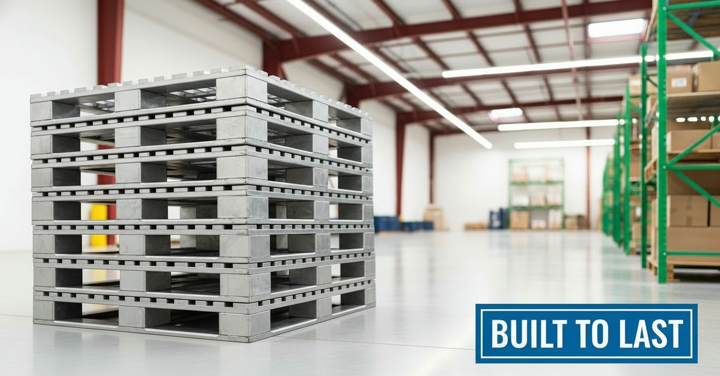 custom steel pallet manufacturing built to last stacked in warehouse setting