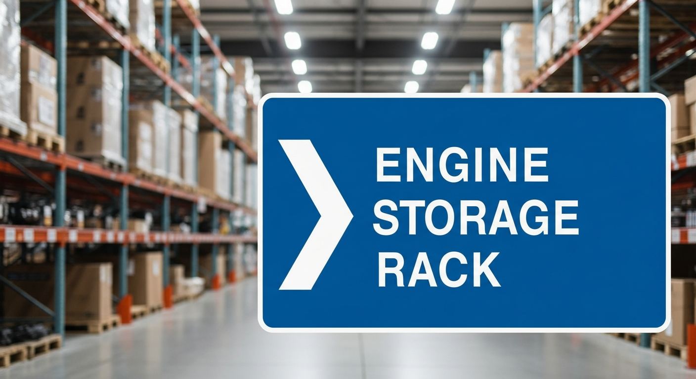 engine storage rack displayed on a blue sign in an industrial warehouse setting