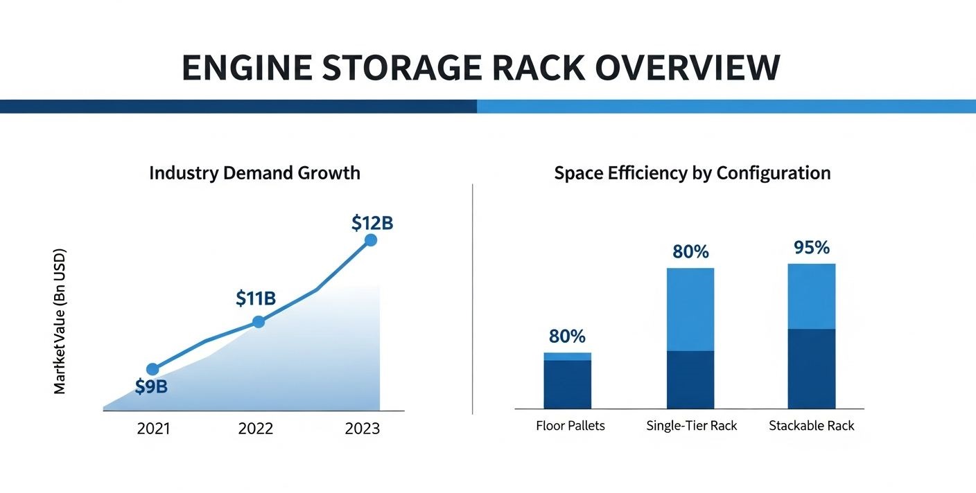engine storage rack overview infographic showing industry demand growth and space efficiency by configuration