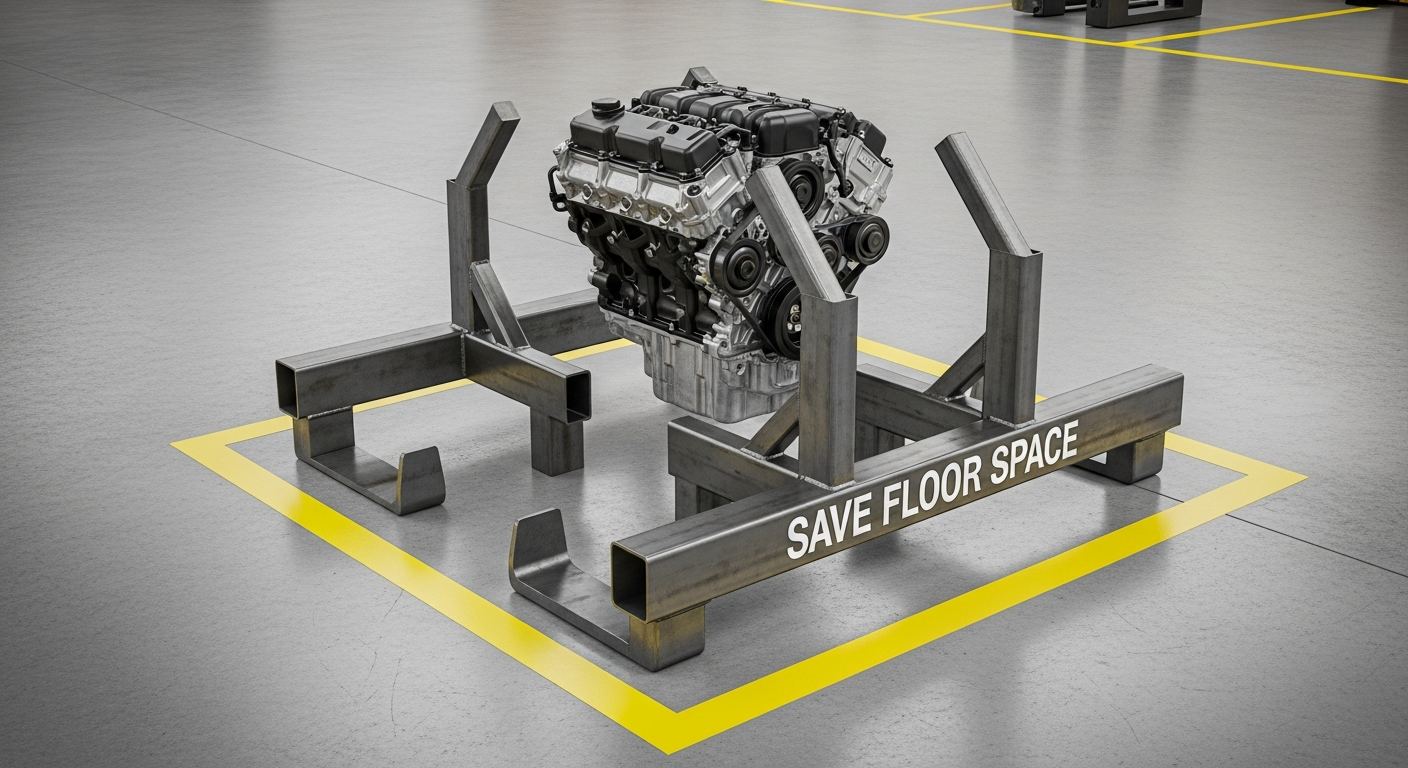 steel engine storage rack with integrated fork pockets and engine cradle in a warehouse facility