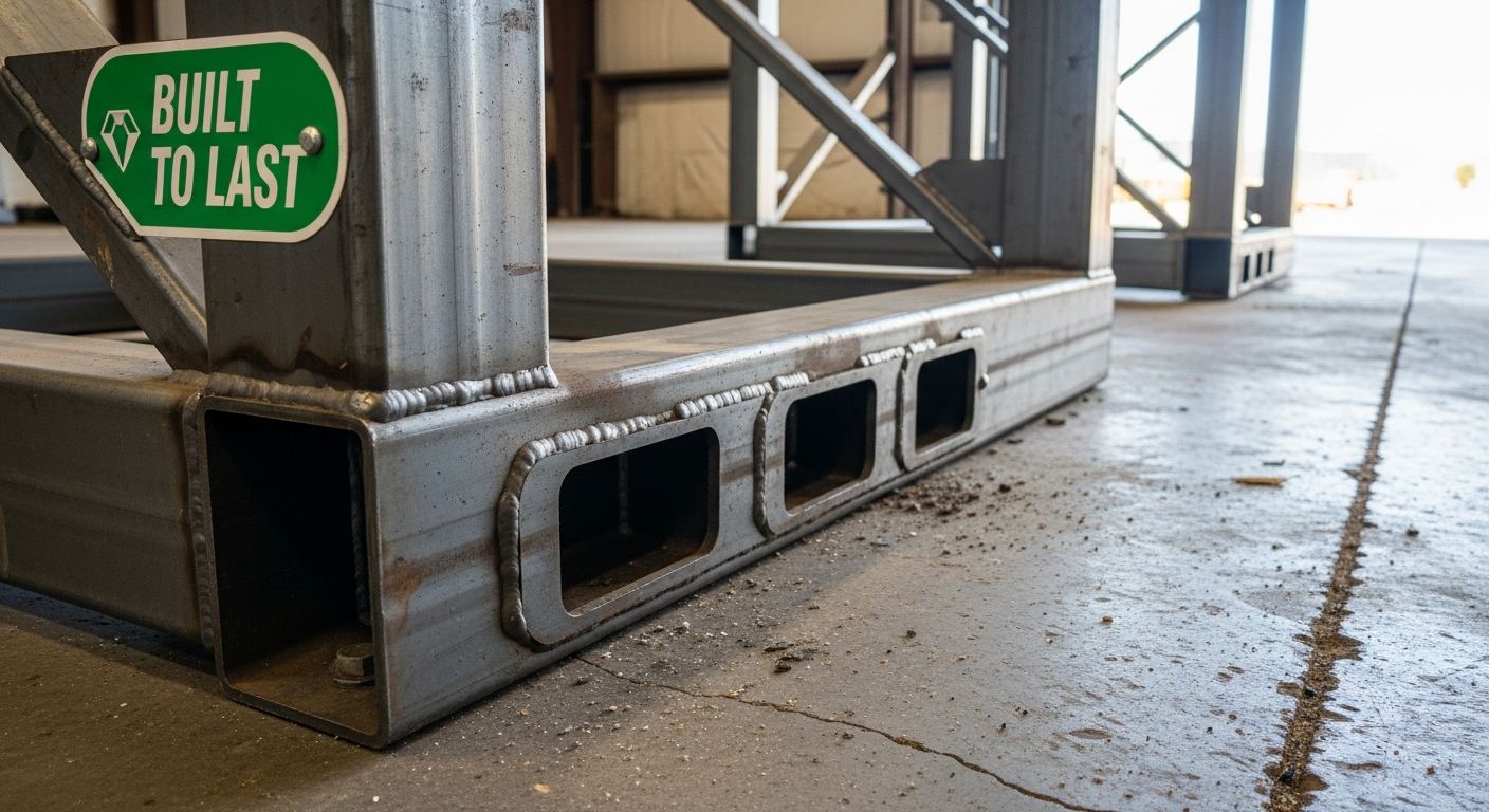 engine storage rack base frame with integrated fork pockets on an industrial concrete floor