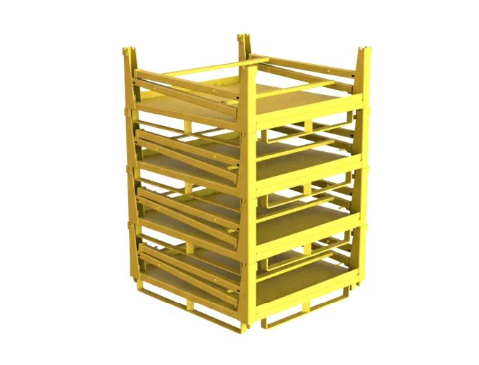 Yellow collapsible metal racks stacked on white background, showing both assembled and partially folded units.