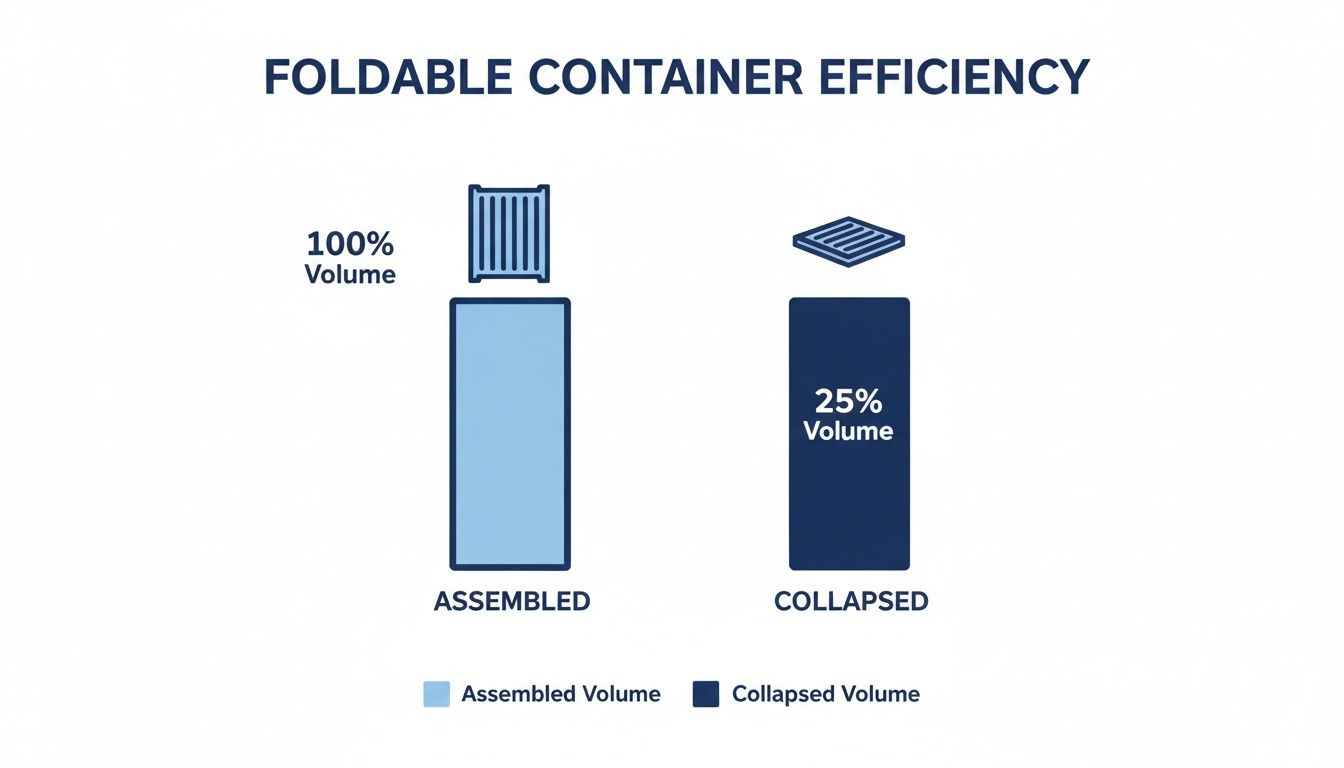 Infographic showing foldable container efficiency: assembled container at 100% volume, collapsed at 25%.