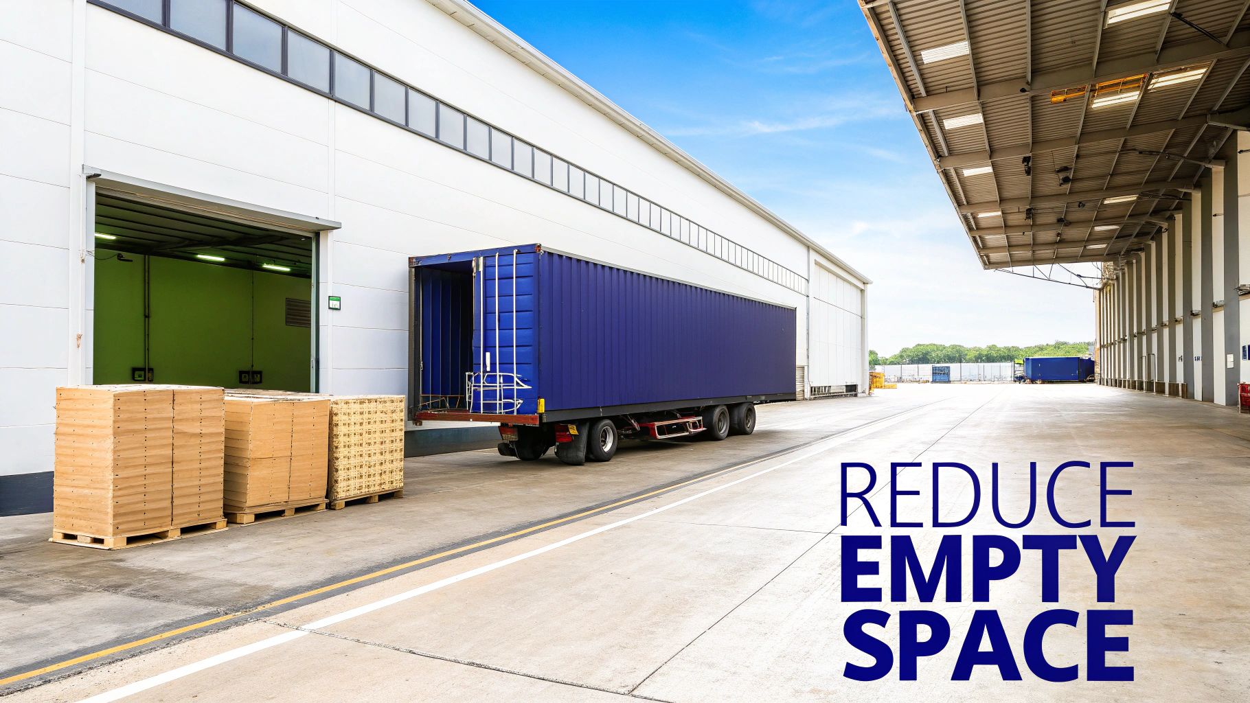 A blue shipping container truck backed into a warehouse loading dock with wooden pallets and text.