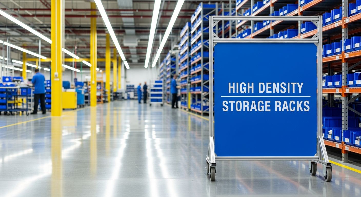 High density storage racks sign in an industrial warehouse setting