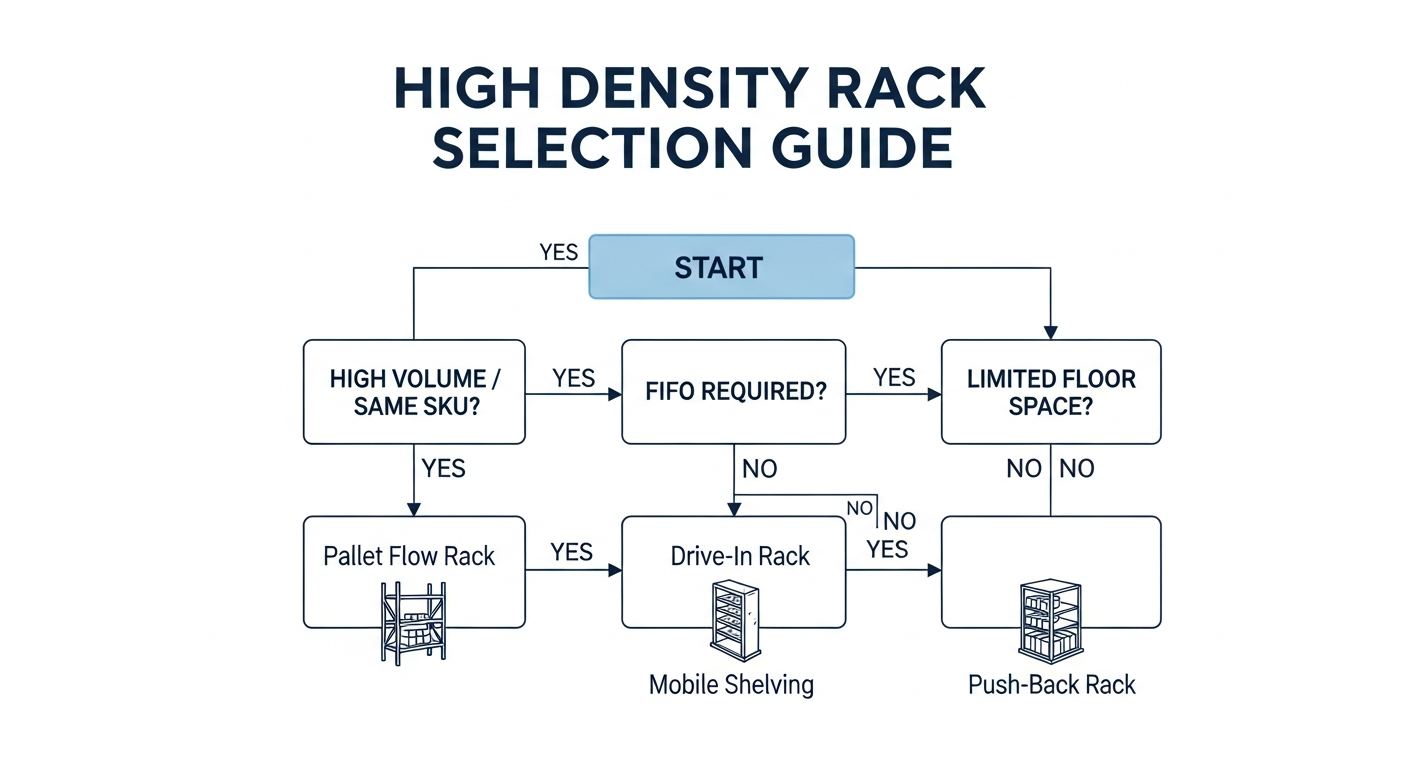 High density storage rack selection guide flowchart showing drive-in, pallet flow, push-back, and mobile shelving configurations