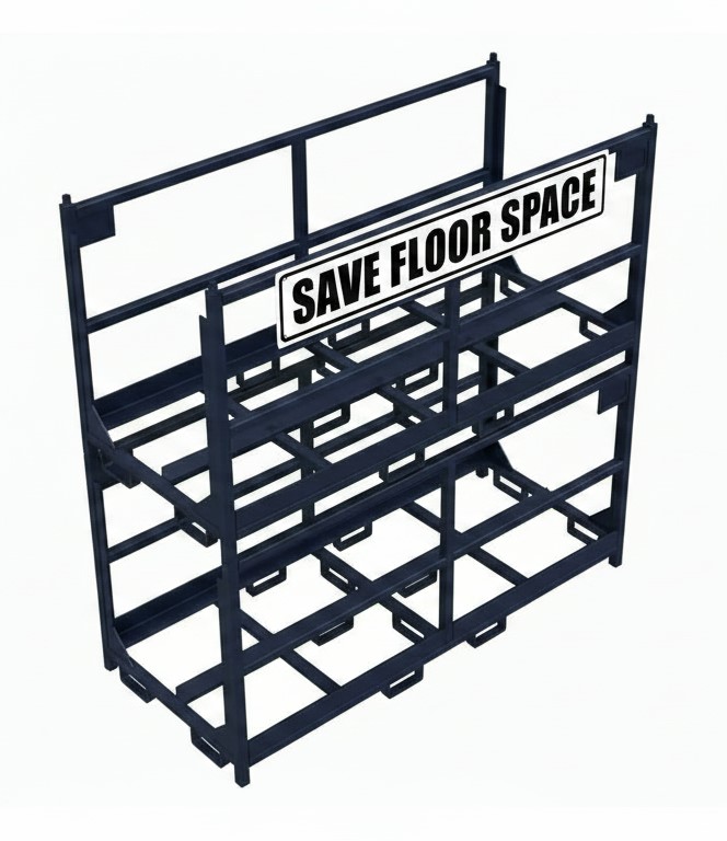 Custom high density storage racks with four-tier open steel frame design and SAVE FLOOR SPACE label for maximizing warehouse capacity