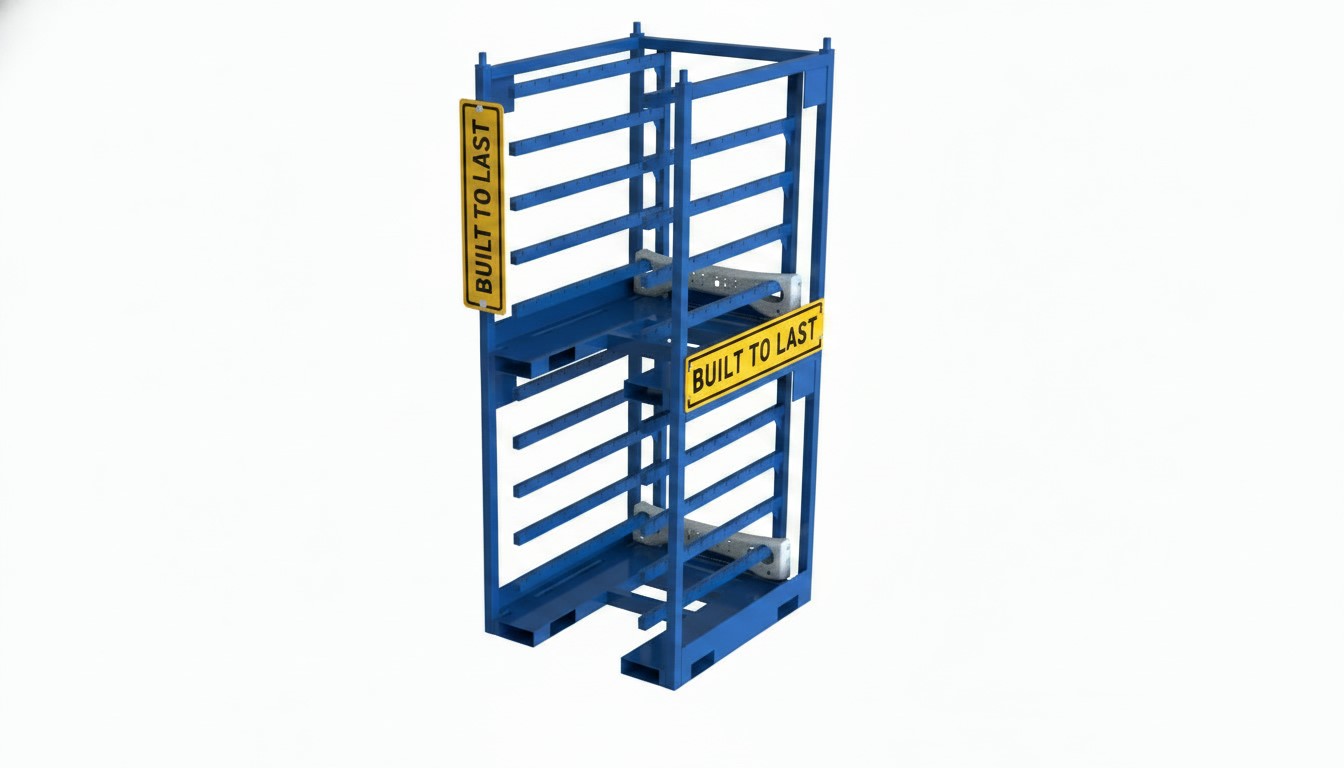 Heavy-duty high density storage rack with stackable slatted steel construction and solid top deck for durable industrial warehouse storage