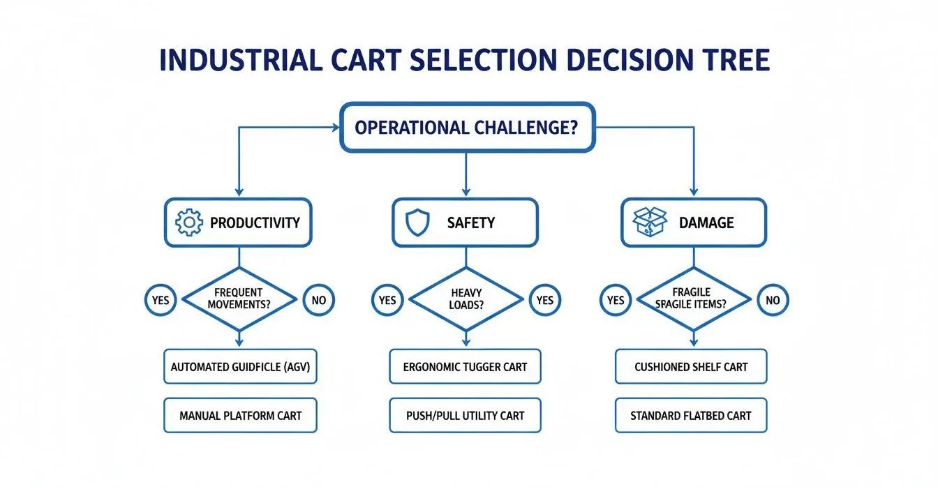 A decision tree flowchart for selecting industrial carts based on productivity, safety, and damage challenges.