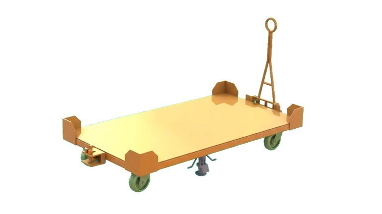 A 3D rendering of an orange industrial flatbed cart with wheels and a tall pull handle.