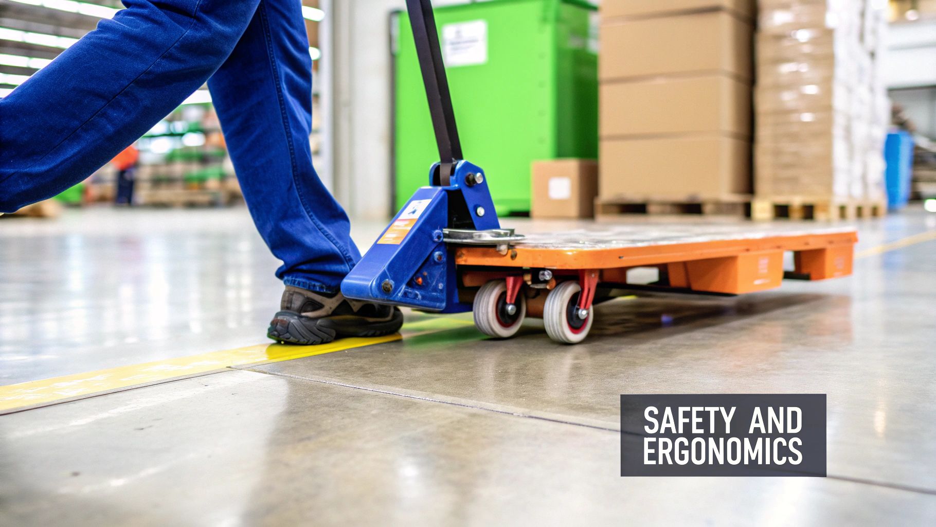 Worker pushing a heavy-duty pallet jack with a pallet in a clean industrial warehouse.