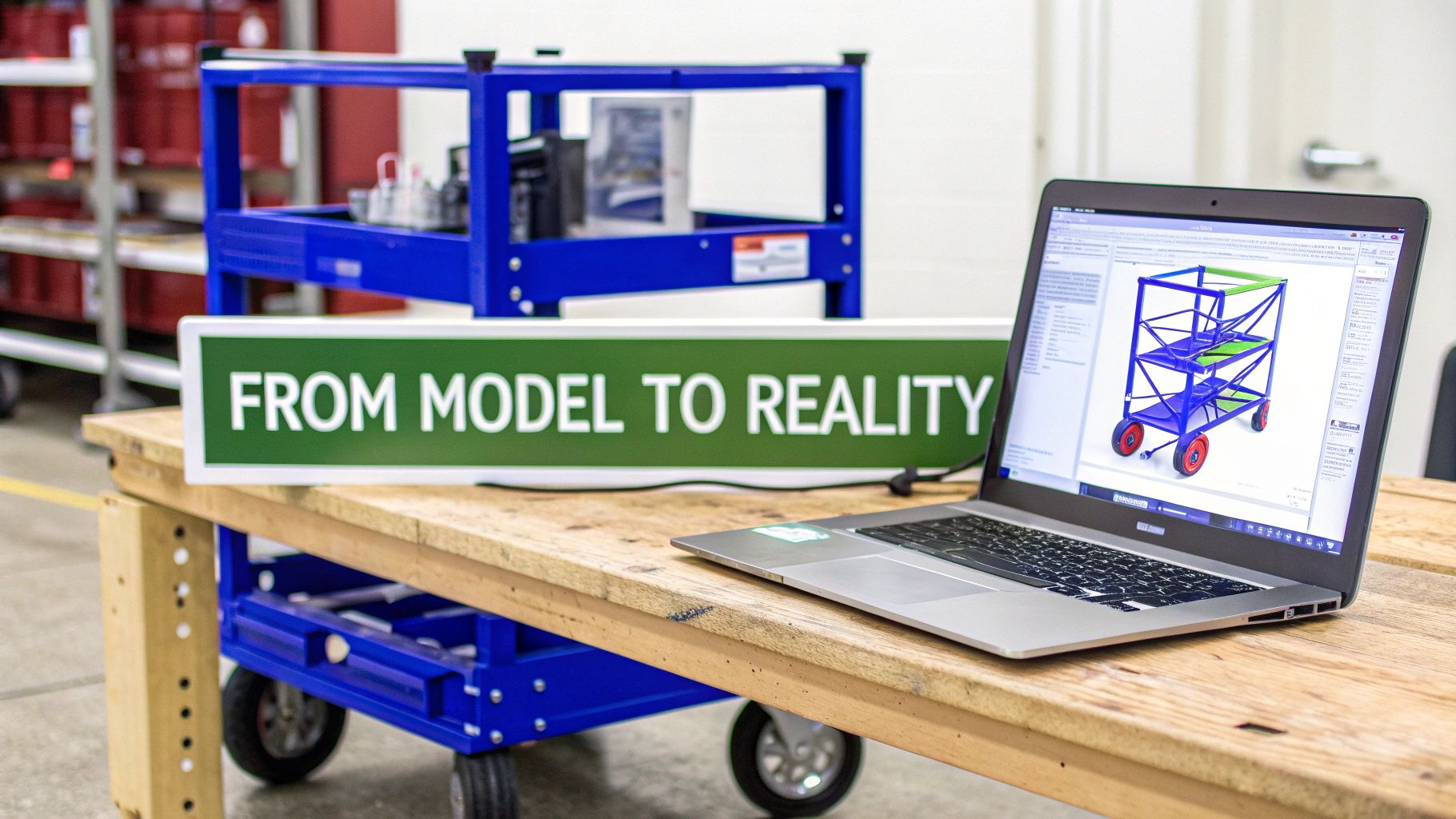A laptop displays a 3D model of a blue industrial cart next to the real-life cart, highlighting product design and manufacturing.