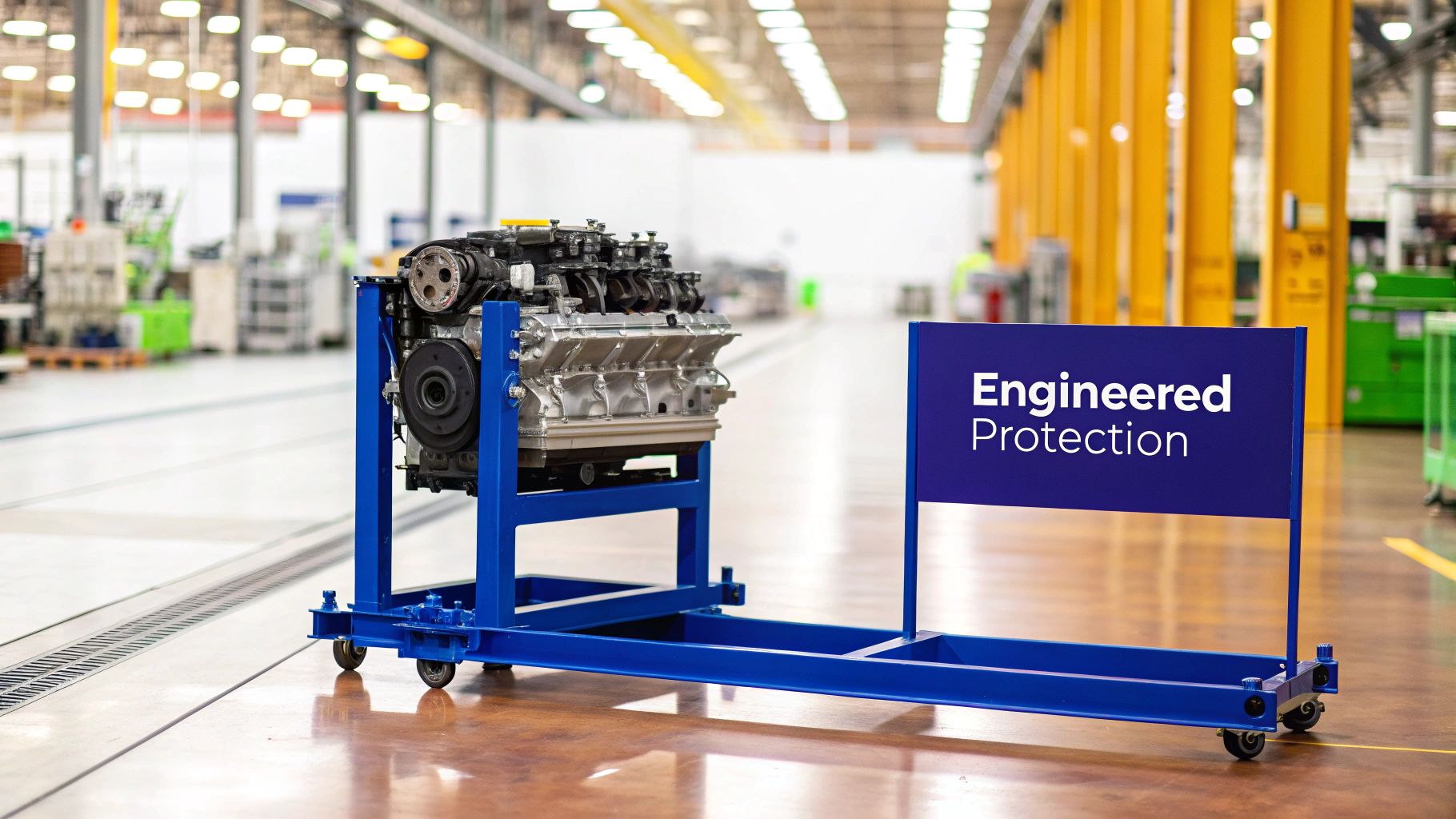 An industrial engine displayed on a blue mobile stand with an "Engineered Protection" sign in a factory.