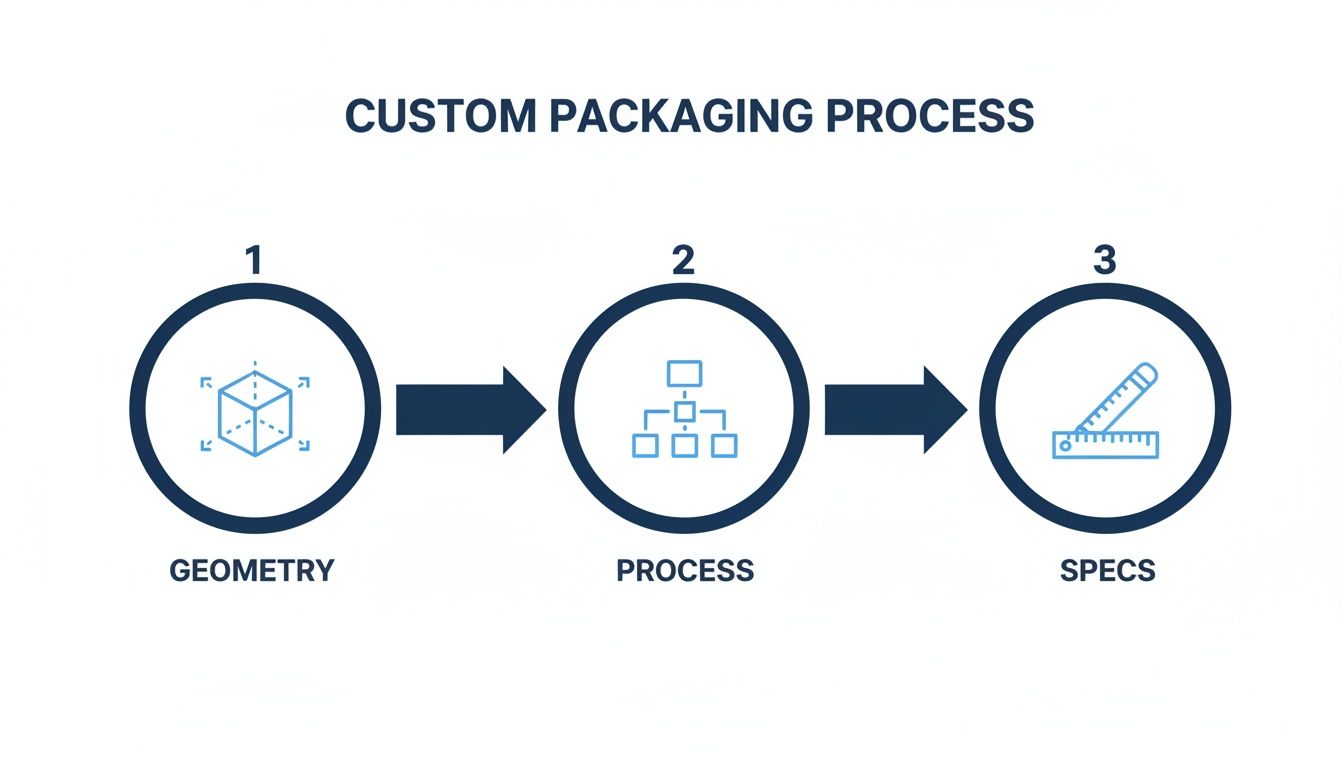 Flowchart illustrating the custom packaging process steps: Geometry, Process, and Specs.