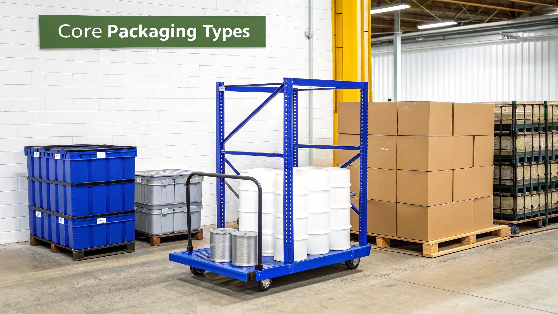 Industrial warehouse scene featuring various core packaging types, including blue crates, grey bins, white drums, and cardboard boxes.