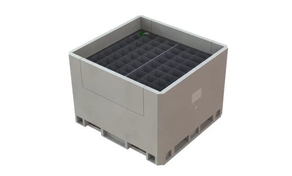 A large grey industrial container with a grid-like interior for organized storage, on a white background.