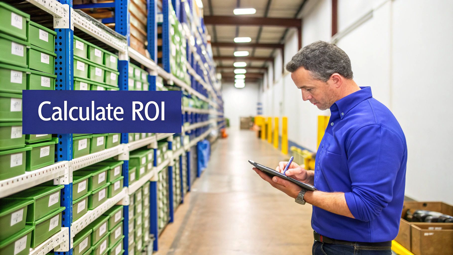 A man in an industrial warehouse facility checking inventory on a tablet amidst green storage bins, with 'Calculate ROI' text.