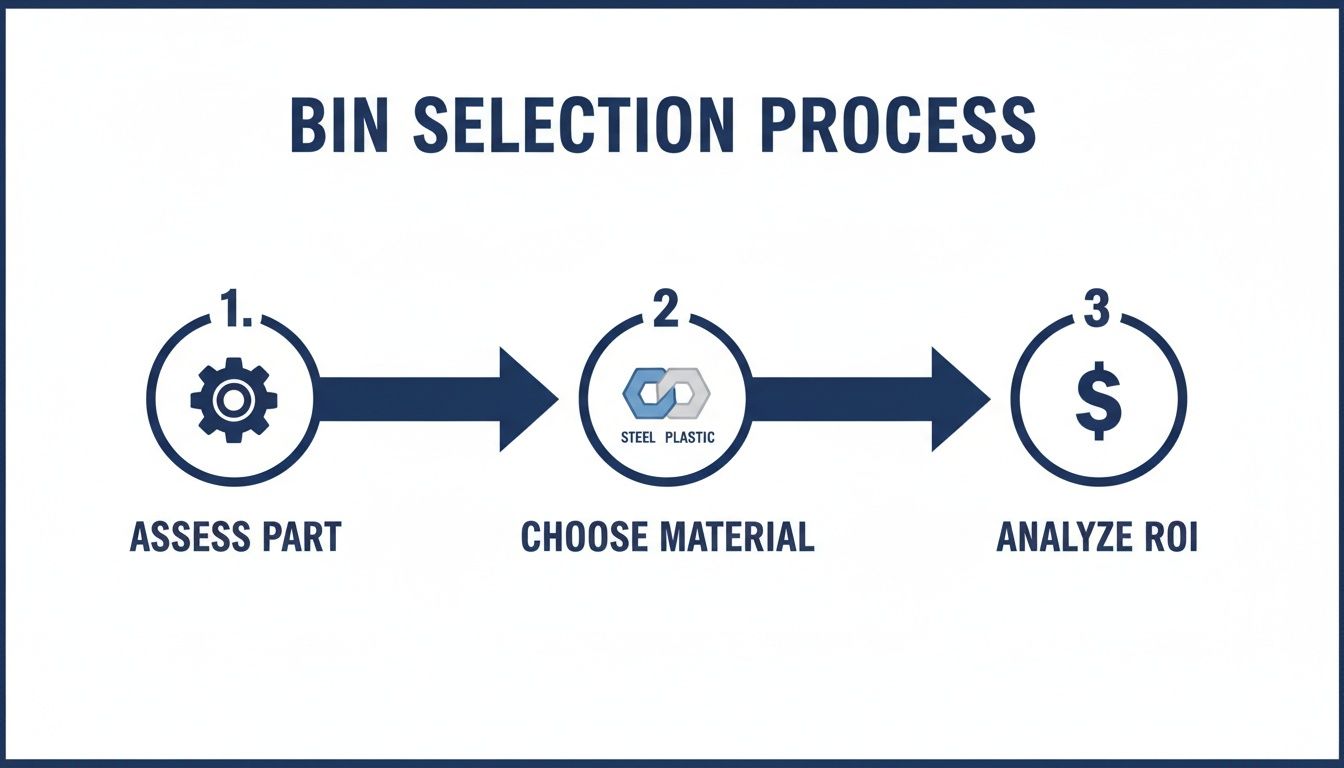 A three-step industrial bin selection process, including assessing the part, choosing material, and analyzing ROI.