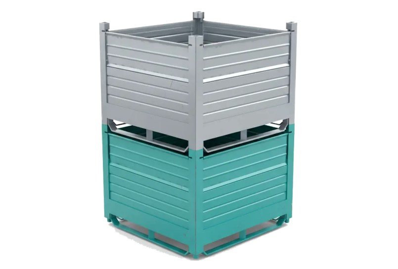 Two metal industrial storage bins, a grey one stacked on a teal one, against a white background.