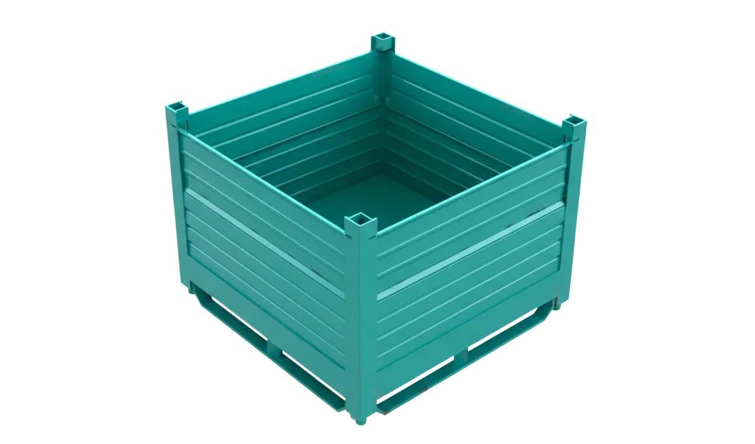 A teal industrial storage bin with slatted sides and a pallet base, viewed from above.