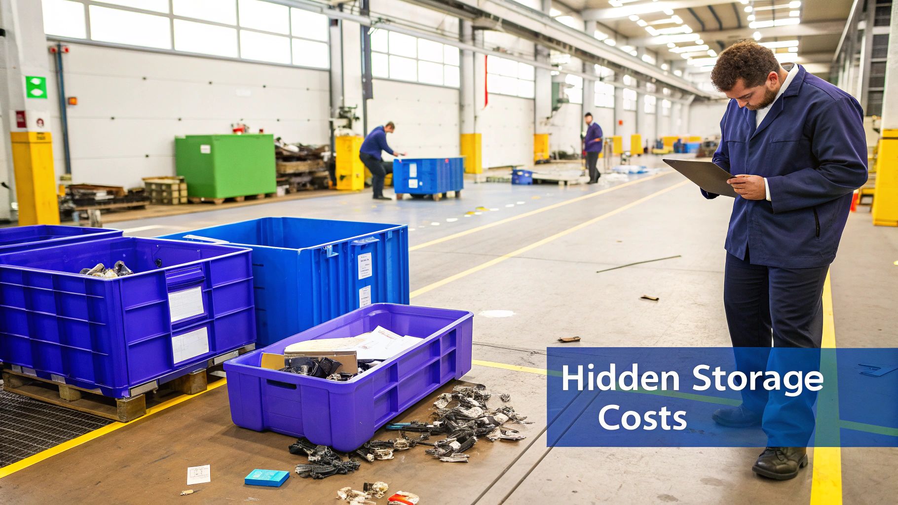 Factory worker checking inventory in a warehouse amidst blue and purple storage bins and scattered components.