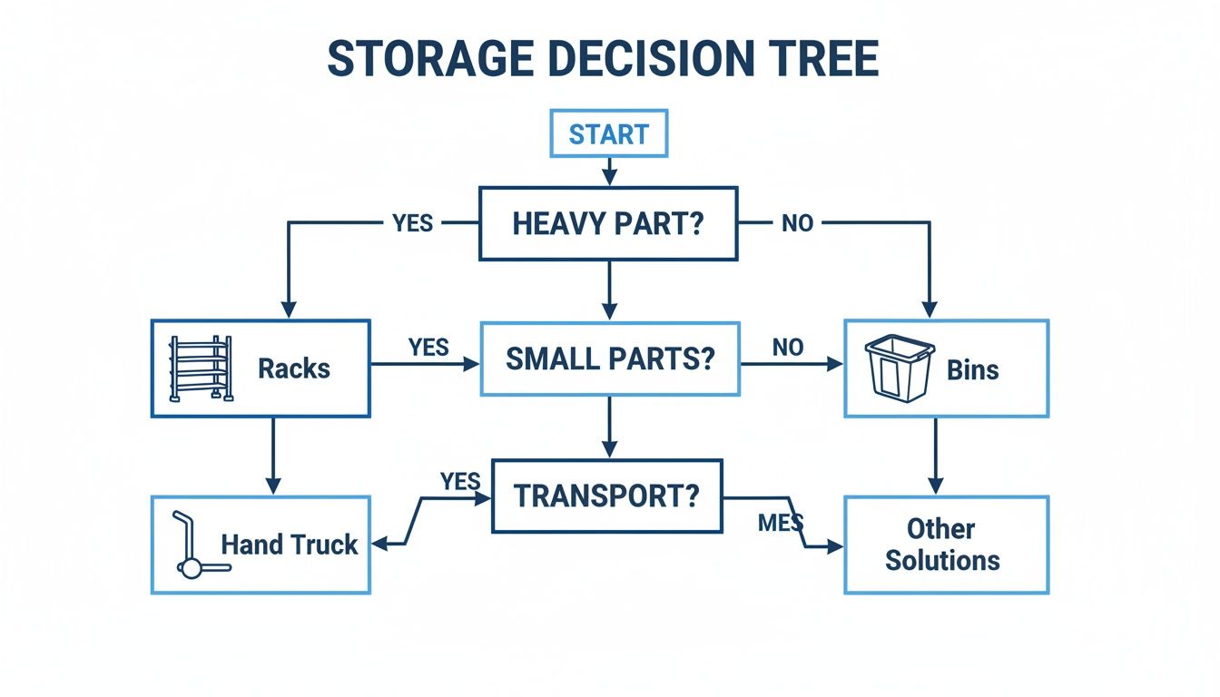 A storage decision tree flowchart for industrial parts, guiding choices based on size, weight, and transport needs.