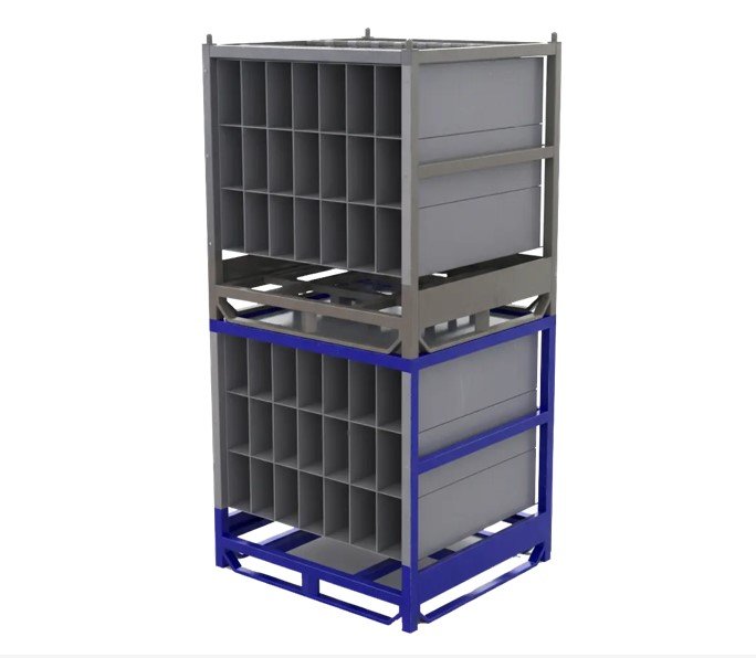 Two industrial storage racks, one gray and one blue, stacked with multiple compartments.
