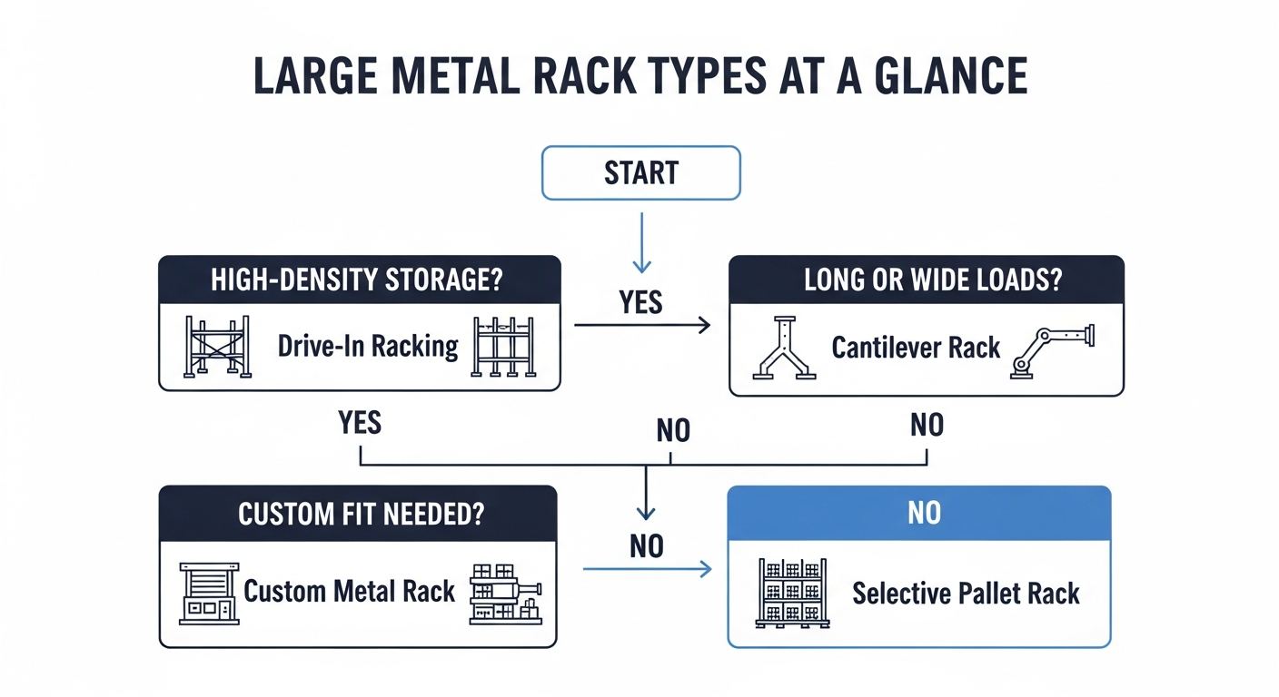 large metal storage rack types overview infographic showing a decision tree for rack selection