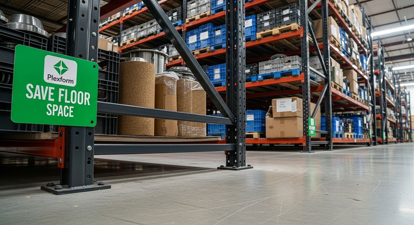 large metal storage racks with SAVE FLOOR SPACE badge in an industrial warehouse