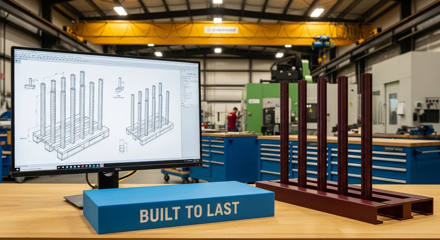 Plexform engineering team designing large metal storage racks using CAD drawings and a steel rack prototype