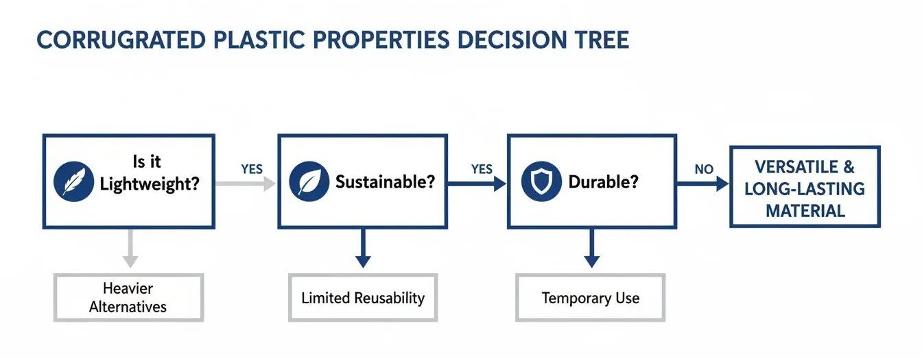 Decision tree flowchart outlining corrugated plastic properties: lightweight, sustainable, and durable, leading to versatile material.