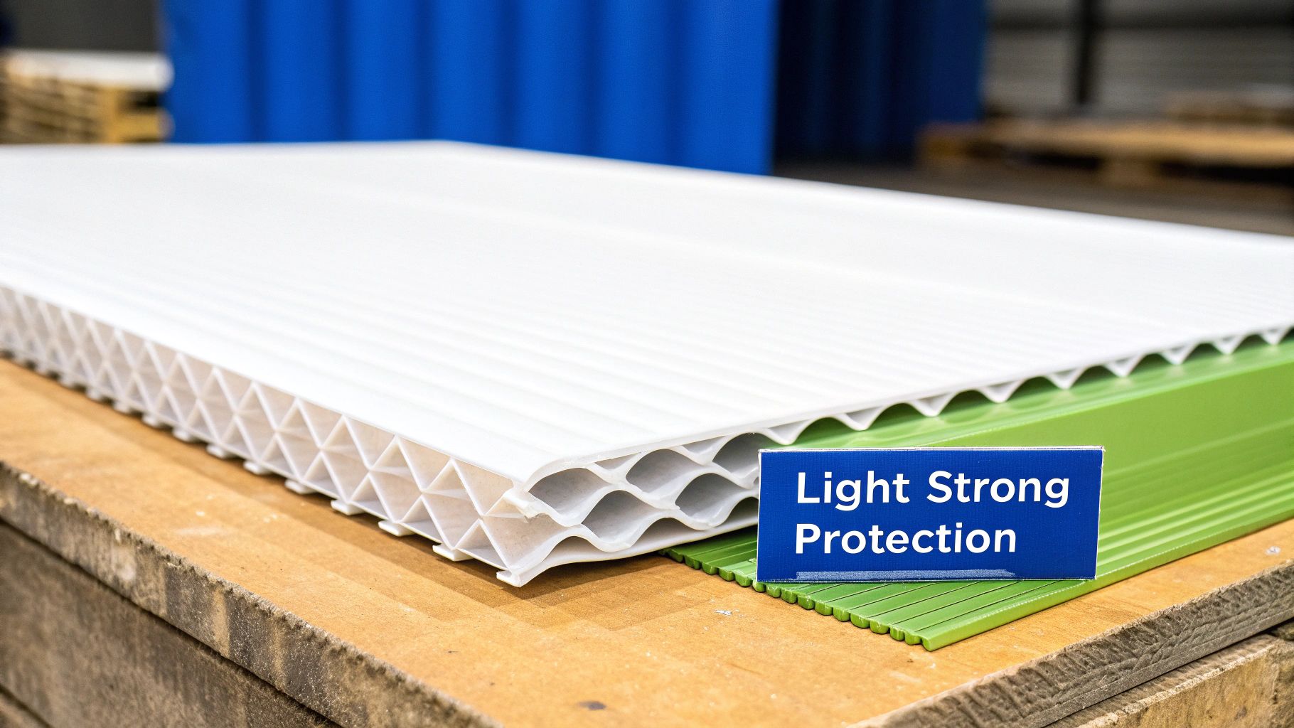 Close-up of a white corrugated plastic board's cross-section, displaying its honeycomb structure, with a 'Light Strong Protection' sign in front.