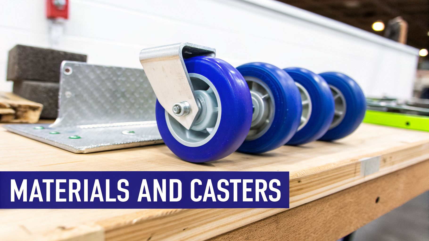 Four blue casters aligned on a wooden surface next to a metal bracket and foam blocks.