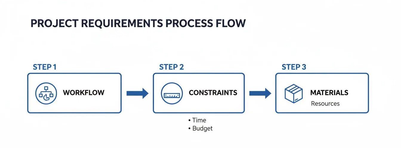 A three-step project requirements process flow diagram, detailing workflow, constraints (time, budget), and materials (resources).