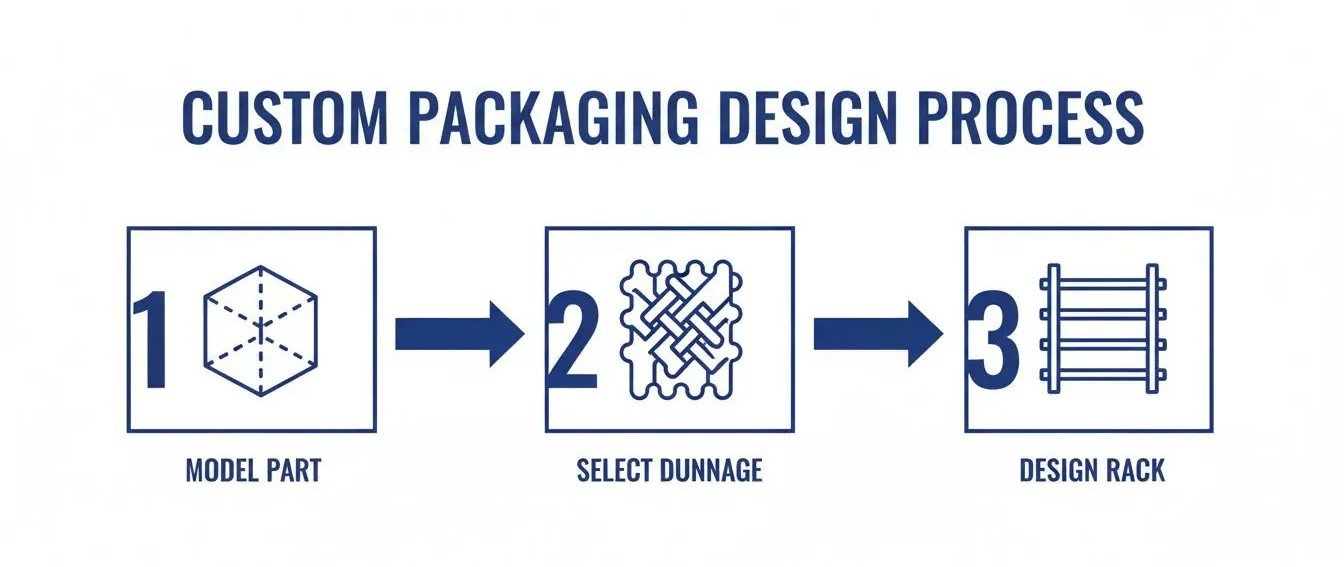 Diagram illustrating a three-step custom packaging design process: model part, select dunnage, design rack.